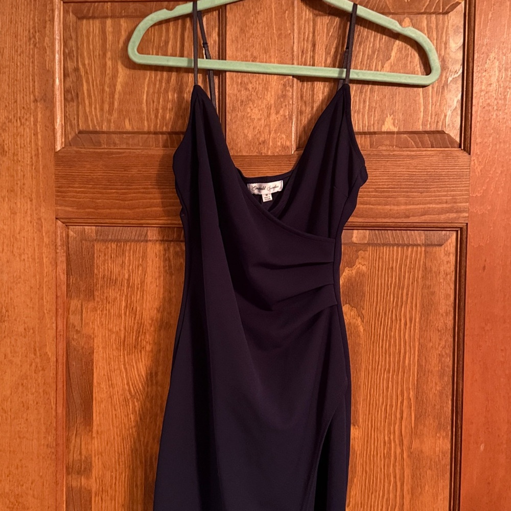 Elegant Navy Spaghetti Strap Leg Slit Floor Length Dress